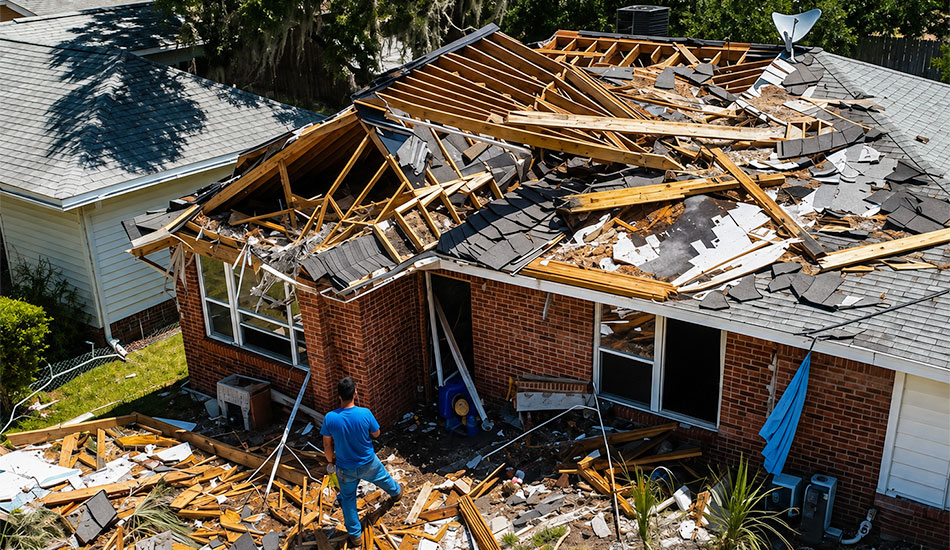 Storm damaged house with collapsed roof