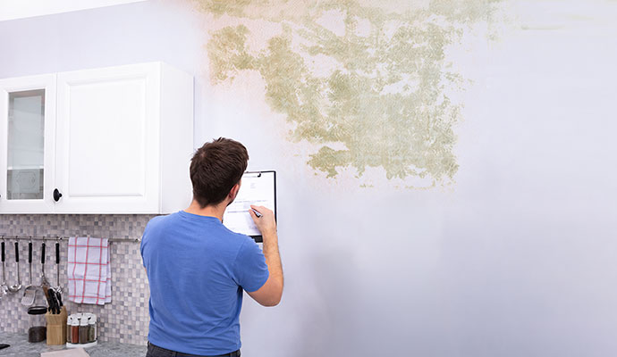 Technician evaluating mold stain on kitchen wall