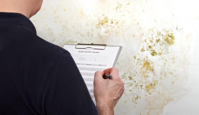 Technician holding clipboard inspecting mold on wall