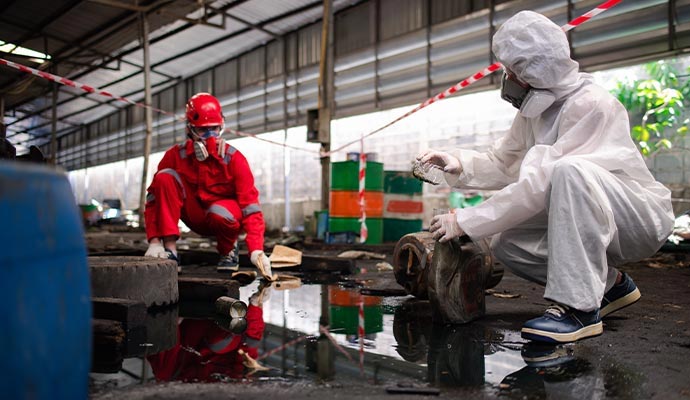 Technicians in hazmat suits cleaning oil spill Technicians in hazmat suits cleaning oil spill