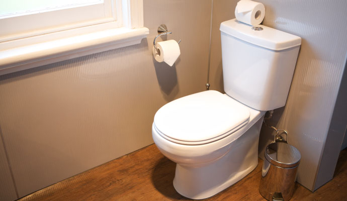 A clean bathroom with a toilet and wooden floor