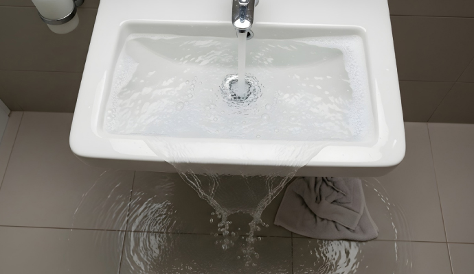 Overflowing bathroom sink and flooded floor