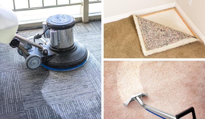 Collage of carpet cleaning, padding, and odor treatment Collage of carpet cleaning, padding, and odor treatment