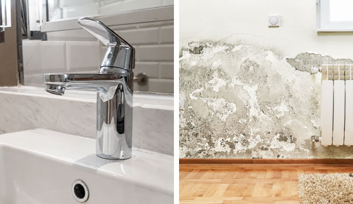 Collage of chrome faucet and mold damaged wall