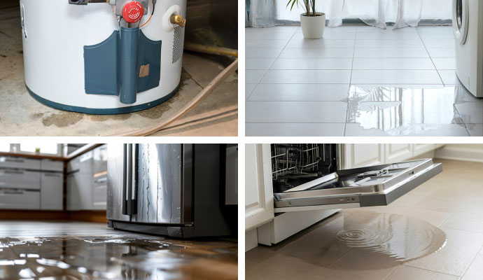 Collage of leaking water heater washing machine refrigerator and dishwasher