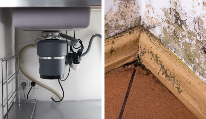 Collage of mold damaged baseboard corner and garbage disposal unit