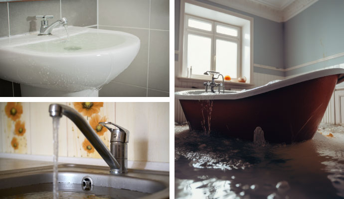 Collage of overflowing bathroom sink, kitchen sink, and a bathtub