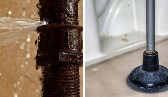 Collage of plumbing leak and overflowing toilet Collage of plumbing leak and overflowing toilet