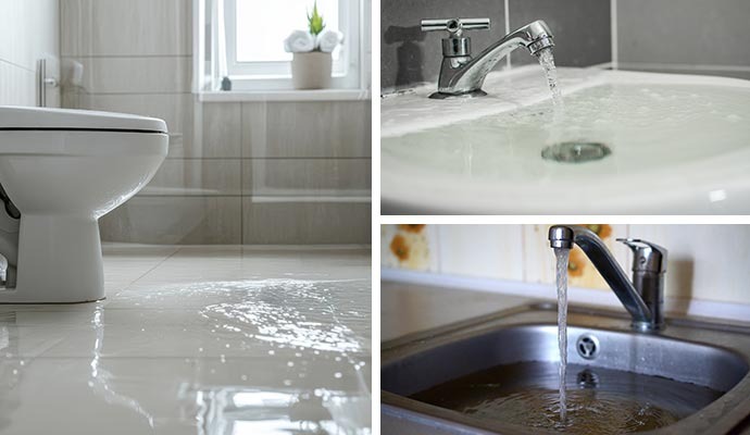 Collage of wet bathroom floor, overflowing bathroom sink and kitchen sink overflow 