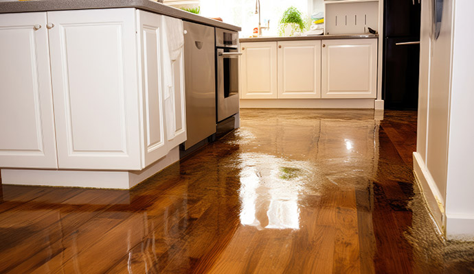 Flooded kitchen hardwood floor with standing water