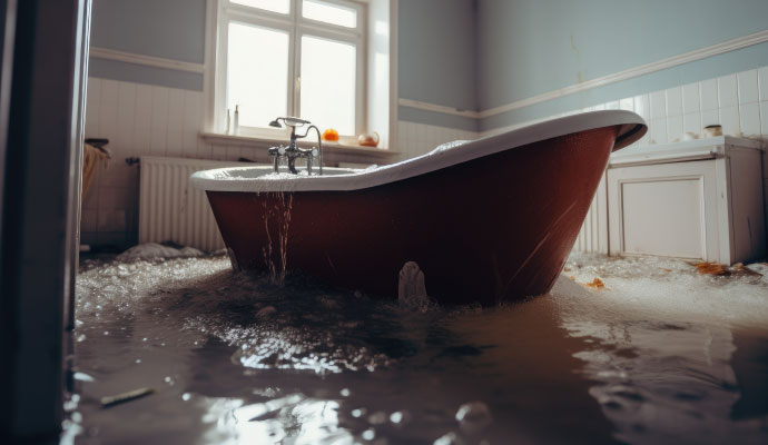Overflowing bathtub in bathroom