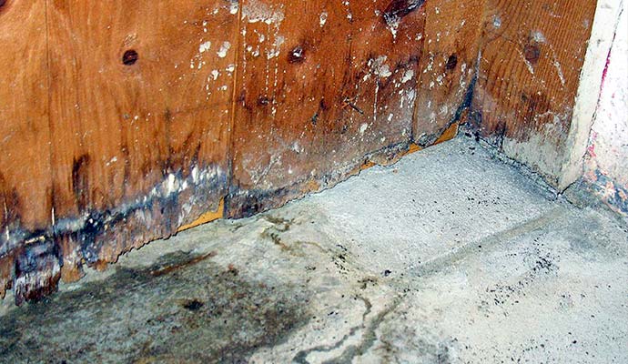 Water damaged decayed wood cabinet wall and concrete floor