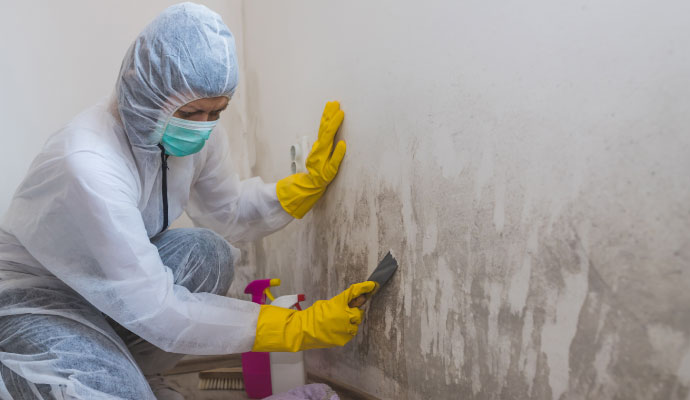 Professional worker removing black mold from wall