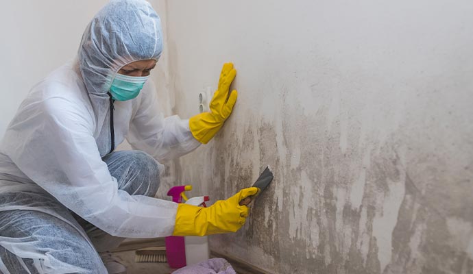 Worker scraping mold from wall
